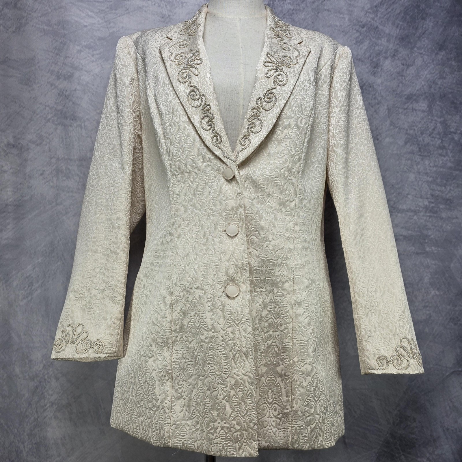 Vintage Hobby Horse Blazer Womens Large Cream Brocade Beaded Metallic Made Usa